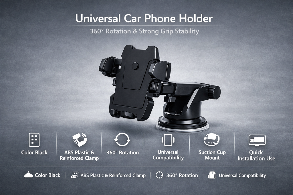Universal Car Phone Holder – 360° Rotation, Strong Grip & Minimalist Design